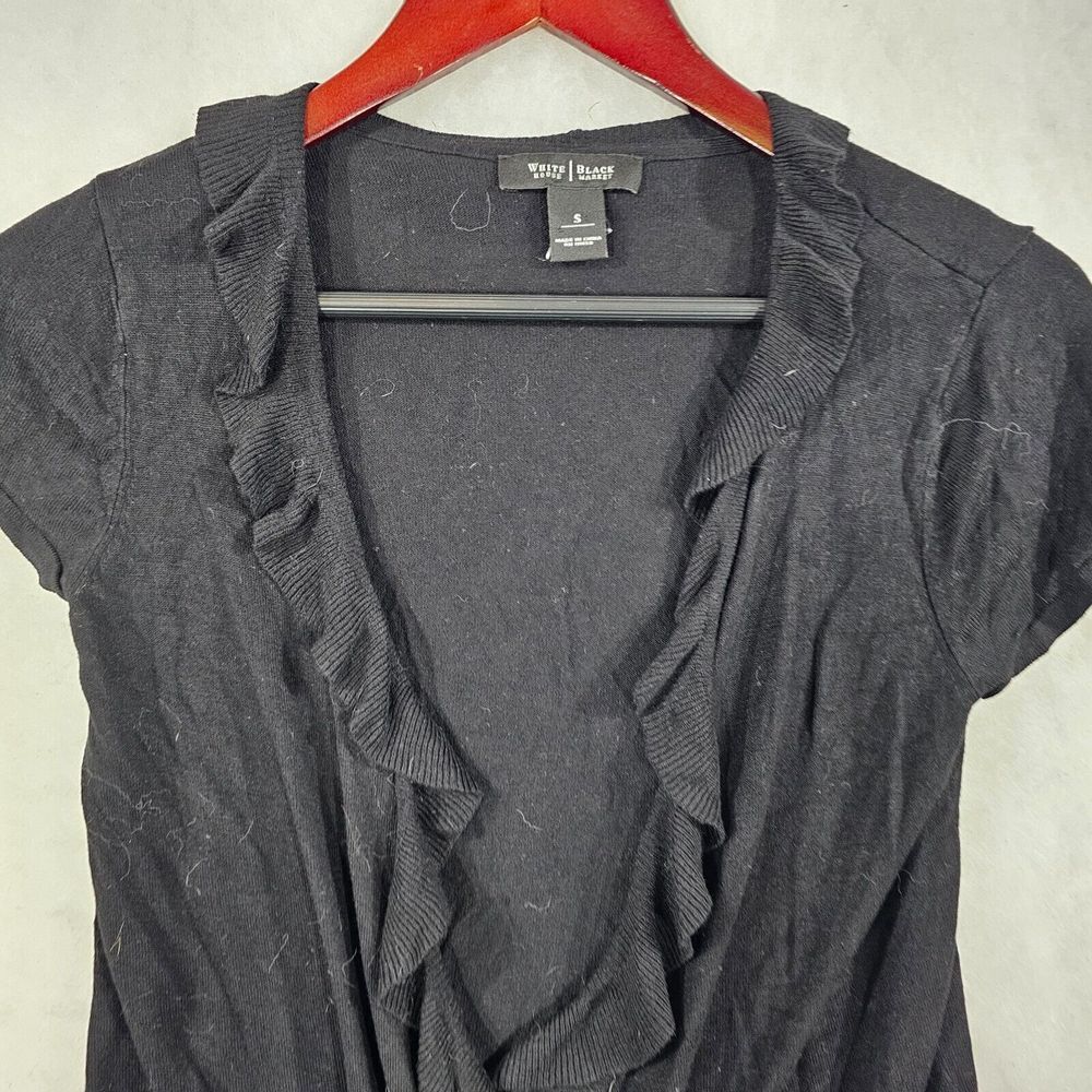 White House Black Market‎ Black Cardigan Sweater Ruffle Front Silk Blend Small - Picture 3 of 9